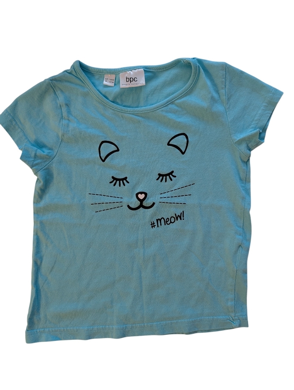 bpc Girls Light Blue Cat Face Tee with #meow! Graphic Cotton Size 6-7